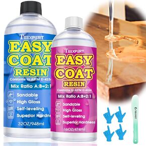 Teexpert Table Top Epoxy Resin, 1.5 Gallon Epoxy Resin Kit 194℉ Heat Resistant Self-Leveling Easy Coat for Countertop, High Gloss & Crystal Clear for Wood Table, Bar Top, DIY, Art Craft - 2:1 Ratio