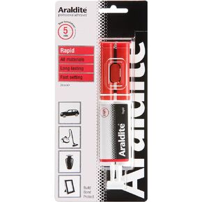Araldite Rapid Syringe | 5 Minute Fast Setting 2 Part Epoxy Glue | Solvent-Free Professional Grade Strength for Multipurpose Use Water and High Temperature Resistant Strong Adhesive, 24ml