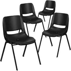 Flash Furniture 4 Pack HERCULES Series 880 lb. Capacity Black Ergonomic Shell Stack Chair with Black Frame