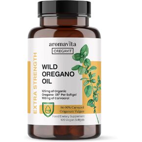 AROMAVITA Oregavit Wild Greek Oregano Oil Capsules |86-90% Carvacrol - 125mg Oregano Oil per Softgel - Immune & Digestive Support | Extra Strength Natural Antioxidant | Vegan and Non GMO 120 Capsules