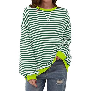 Anoumcy Women Oversized Striped Long Sleeve Sweatshirt Casual Crew Neck Drop Shoulder Relaxed Fit Pullover Shirt Top
