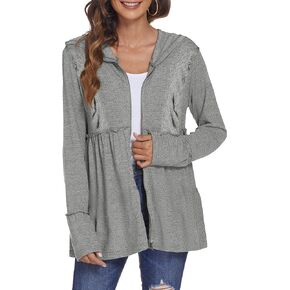 DEESHA Full Zip Up Hoodie for Women Pleated Tiered Ruffle Hooded Sweatshirts Jacket Coat Long Sleeve