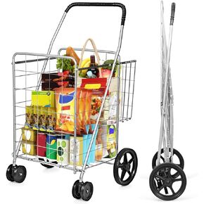 HOMGX Flat Folding Shopping Cart, 130 LBS Heavy Duty Utility Cart W/ 360° Swivel Front Wheels, 24" x 23" x 40" Foldable Grocery Cart for Laundry, Shopping, Groceries