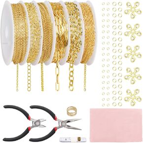 Fesorsi Gold Necklace Chain for Jewelry Making, 46ft 6 Style Rolled Steel DIY Jewelry Chain Roll Bracelet Bulk Link Plated Permanent for Earring Anklet Craft with Jump Ring, Lobster Clasp, Pliers