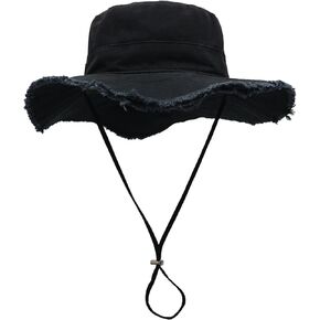 LLmoway Womens UPF50+ Cotton Wide Brim Sun Hat with Strap Ladies Summer Floppy Hats Packable Women Washed Fringes Bucket Hat