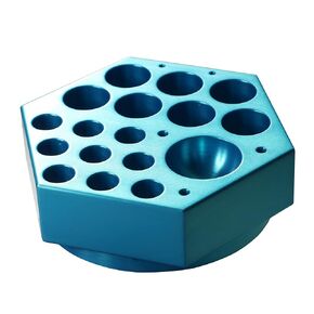 Lab Heat Block - Aluminum Reaction Block for Heat/Stir Plates - Holds 25-mL Round-Bottom Flasks, Scintillation Vials, 2-Dram Vials, & NMR Tubes – Anodized Aluminum, Blue - Fits 135 mm Round Plate Tops