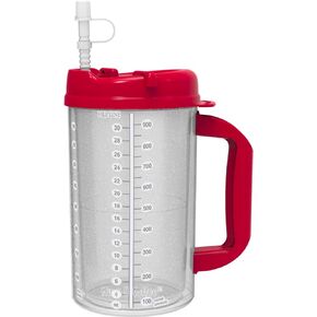 2 Pack of 32 oz Red Double Wall Insulated Hospital Mugs - Cold Drink Mugs - New Swivel Lid Design - Includes 11" Straws (2)