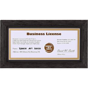 Space Art Deco, Dark Brown Textured Frame for 4x9 Business License/Certificates, Tempered Glass, Includes D-Shaped Hangers for Hanging and Easel Stand for Table Top (4x9 Frame with No Mat, Set of 1)