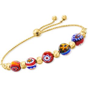 Ross-Simons Italian Multicolored Murano Glass Floral Bead Bolo Bracelet in 18kt Gold Over Sterling