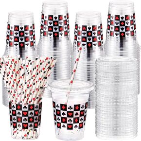 Yungyan 50 Sets Party Plastic Cups 16 oz Cups with Lids and Paper Straws Drinking Cups for Birthday Baby Shower Party Supplies (Cards Theme)