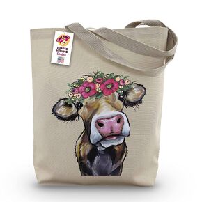 Gifts for Mom - Cow Tote Bag - Cow Lover Gift - Flower Crown Cow Totes -Handmade Totes - Cow Canvas Totes - Cute Cow Reusable Shopping Bag - Shoulder Bag - Grocery Bag - Handbag - Beach Bag