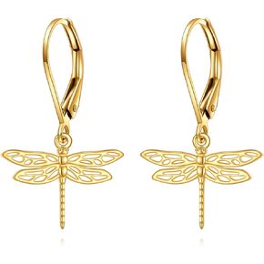 Gold Dragonfly Earrings Gifts 14k Gold Small Dragonfly Leverback Dangle Drop Earrings Jewelry for Women Teen Girls