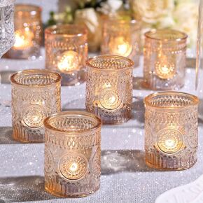 DEVI 48pcs Amber Votive Candle Holders Bulk, Boho Wedding Party Decorations, Glass Tea Lights Candle Holder,Christmas Thanksgiving Party Home Table Decor
