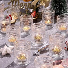 DEVI 48pcs Amber Votive Candle Holders Bulk, Boho Wedding Party Decorations, Glass Tea Lights Candle Holder,Christmas Thanksgiving Party Home Table Decor