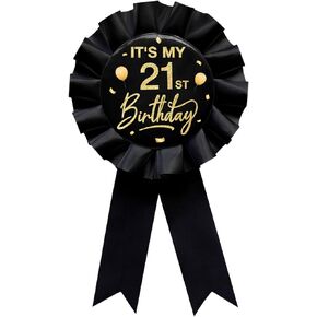 YHEZXUN It's My 21st Birthday Tinplate Badge Pin Black Satin Fabric 21 Year Old Birthday Themed Button Pin Party Decorations Award Ribbon Badge Pin