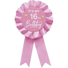 YHEZXUN It's My 16th Birthday Tinplate Badge Pin Pink Satin Fabric Sweet 16 Birthday Themed Button Pin Party Decorations Award Ribbon Badge Pin