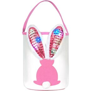Easter Bunny Baskets with Lights for Baby Boys,Large Blue Kids Easter Bucket Tote with Light up Rabbit Ears for Spring Egg Hunts Party Storage (Blue)