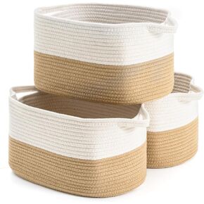 Cotton Rope Woven Storage Basket, Used for Baby Hamper Toy Organizer, Gift Baskets Empty,Kids Laundry Basket,Baby Blanket Basket. Size 15x10x8.7 Inches. (White&Grey-3PCS)