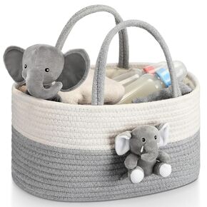 FoldTier Elephant Diaper Caddy Organizer Cart Storage for Nursery with Handle, Baby Shower Basket Gift Baby Bath Caddy for Diapers and Baby Wipes, Elephant Basket for Baby Nursery
