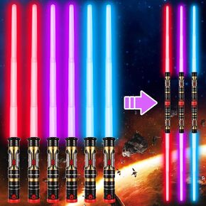 Bakatatoyz 6 Pack Light Up Swords 3 Colors, 2-in-1 Led Dual Saber with Fx Sound (Motion Sensitive) and Telescopic Handle for Multiplayer Galaxy War Fighter Warriors, Xmas Present Kids Party Gift