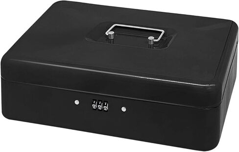 صندوق نقود فولاذي مع قفل مركب، منظم أموال صغير معدني مع صينية نقود قابلة للإزالة، صندوق تخزين نقدي مع غطاء قابل للقفل (أسود - 11.8 بوصة × 9.4 بوصة × 3.5 بوصة) in Kuwait