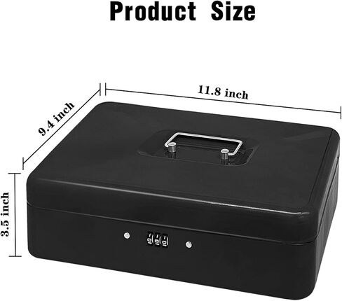 صندوق نقود فولاذي مع قفل مركب، منظم أموال صغير معدني مع صينية نقود قابلة للإزالة، صندوق تخزين نقدي مع غطاء قابل للقفل (أسود - 11.8 بوصة × 9.4 بوصة × 3.5 بوصة) in Kuwait