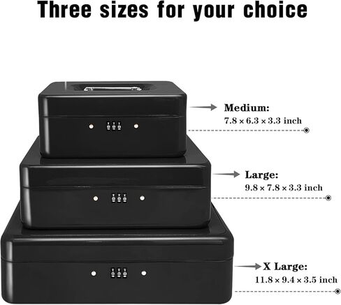 صندوق نقود فولاذي مع قفل مركب، منظم أموال صغير معدني مع صينية نقود قابلة للإزالة، صندوق تخزين نقدي مع غطاء قابل للقفل (أسود - 11.8 بوصة × 9.4 بوصة × 3.5 بوصة) in Kuwait