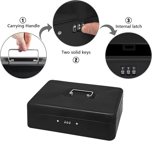 صندوق نقود فولاذي مع قفل مركب، منظم أموال صغير معدني مع صينية نقود قابلة للإزالة، صندوق تخزين نقدي مع غطاء قابل للقفل (أسود - 11.8 بوصة × 9.4 بوصة × 3.5 بوصة) in Kuwait
