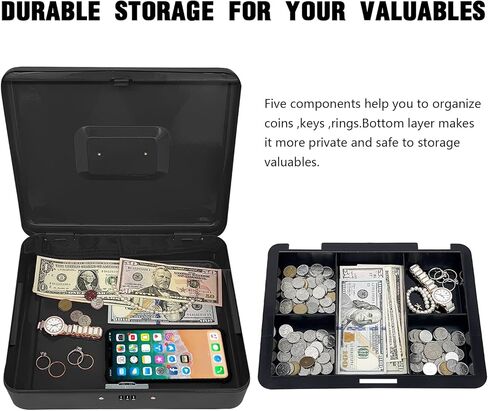 صندوق نقود فولاذي مع قفل مركب، منظم أموال صغير معدني مع صينية نقود قابلة للإزالة، صندوق تخزين نقدي مع غطاء قابل للقفل (أسود - 11.8 بوصة × 9.4 بوصة × 3.5 بوصة) in Kuwait