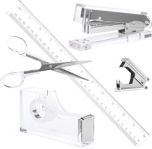 حزمة لوسيت أكريليك فضي | دباسة ممتازة، وموزع شريط، ومقص، ومزيل دبابيس، ومجموعة هدايا مسطرة | كلير قرطاسية واكسسوارات مكتبية | سلع مكتبية حديثة وراقية وأنيقة وفاخرة in Kuwait