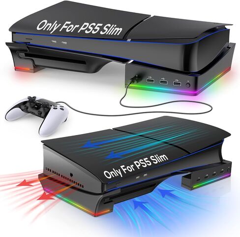 ملحقات الحامل الأفقي Gorixer RGB لوحدة التحكم PS5 Slim مع 4 محاور USB - حامل لقاعدة Playstation 5 Slim-Base مع 14 وضع إضاءة ومنفذ شحن سريع لوحدة تحكم PS5 - أسود in Kuwait