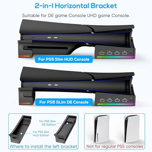 ملحقات الحامل الأفقي Gorixer RGB لوحدة التحكم PS5 Slim مع 4 محاور USB - حامل لقاعدة Playstation 5 Slim-Base مع 14 وضع إضاءة ومنفذ شحن سريع لوحدة تحكم PS5 - أسود in Kuwait