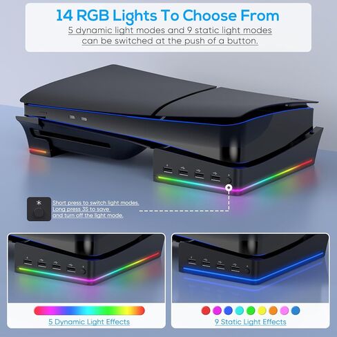ملحقات الحامل الأفقي Gorixer RGB لوحدة التحكم PS5 Slim مع 4 محاور USB - حامل لقاعدة Playstation 5 Slim-Base مع 14 وضع إضاءة ومنفذ شحن سريع لوحدة تحكم PS5 - أسود in Kuwait