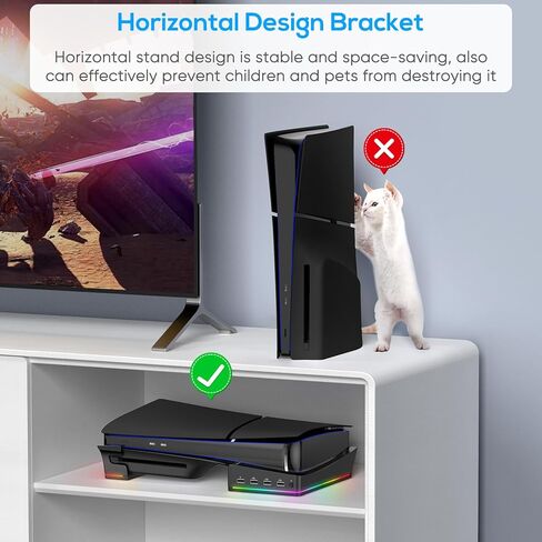 ملحقات الحامل الأفقي Gorixer RGB لوحدة التحكم PS5 Slim مع 4 محاور USB - حامل لقاعدة Playstation 5 Slim-Base مع 14 وضع إضاءة ومنفذ شحن سريع لوحدة تحكم PS5 - أسود in Kuwait