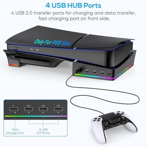 ملحقات الحامل الأفقي Gorixer RGB لوحدة التحكم PS5 Slim مع 4 محاور USB - حامل لقاعدة Playstation 5 Slim-Base مع 14 وضع إضاءة ومنفذ شحن سريع لوحدة تحكم PS5 - أسود in Kuwait