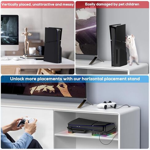 ملحقات الحامل الأفقي Gorixer RGB لوحدة التحكم PS5 Slim مع 4 محاور USB - حامل لقاعدة Playstation 5 Slim-Base مع 14 وضع إضاءة ومنفذ شحن سريع لوحدة تحكم PS5 - أسود in Kuwait