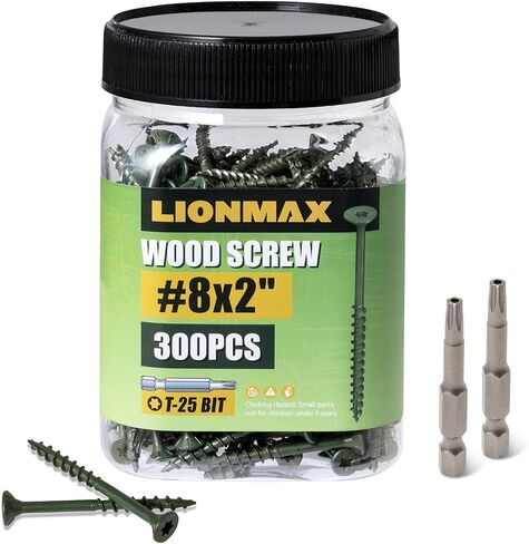 LIONMAX Deck Screws 2 Inch, Wood Screws #8 x 2", 300 PCS, Rust Resistant, Exterior Epoxy Coated, Outdoor Decking Screws, Torx/Star Drive Head Screw, T25 Star Bit Included, Green in Saudi Arabia