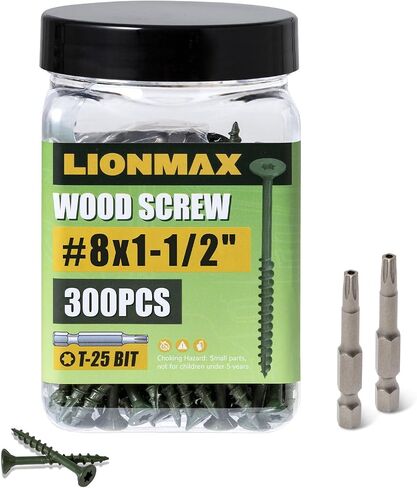 براغي سطح LIONMAX مقاس 1-1/2 بوصة، براغي خشبية #8 × 1-1/2 بوصة، 300 قطعة، مقاومة للصدأ، مطلية بالإيبوكسي الخارجي، براغي تزيين خارجية، برغي رأس محرك Torx/Star، تتضمن بت نجمة T25، أخضر in Saudi Arabia