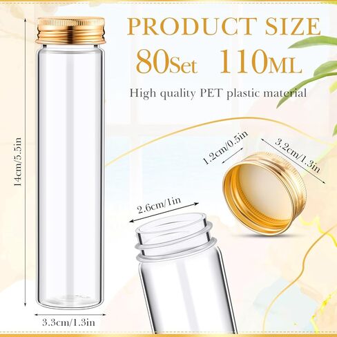 Hsei 80 قطعة 110 مل أنابيب اختبار بلاستيكية شفافة مع أغطية لولبية، أنابيب مضغ شفافة، حاويات ملح الحمام، أنبوب اختبار مسطح القاع لحاويات الحلوى، أنبوب تخزين لتوابل الحلوى، الزهور المجففة in Kuwait