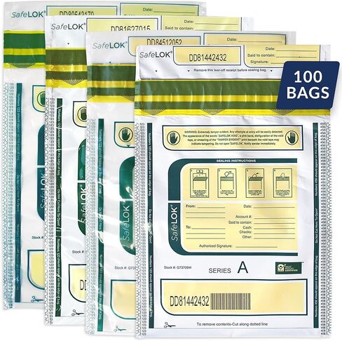 ControlTek SafeLOK مقاس 9 × 12 بوصة، أبيض مع جيب، 100 كيس، أكياس إيداع واضحة للتعامل مع النقود والأشياء الثمينة، حبر حساس للرطوبة والحرارة والبارد، إيصال تمزيق + رموز شريطية كبيرة 585090 in Kuwait