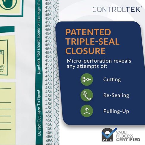ControlTek SafeLOK مقاس 9 × 12 بوصة، أبيض مع جيب، 100 كيس، أكياس إيداع واضحة للتعامل مع النقود والأشياء الثمينة، حبر حساس للرطوبة والحرارة والبارد، إيصال تمزيق + رموز شريطية كبيرة 585090 in Kuwait