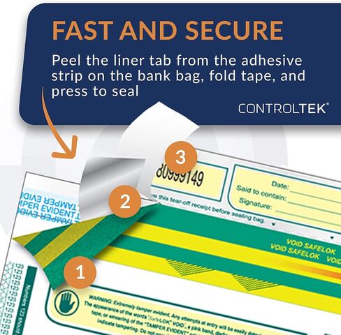 ControlTek SafeLOK مقاس 9 × 12 بوصة، أبيض مع جيب، 100 كيس، أكياس إيداع واضحة للتعامل مع النقود والأشياء الثمينة، حبر حساس للرطوبة والحرارة والبارد، إيصال تمزيق + رموز شريطية كبيرة 585090 in Kuwait