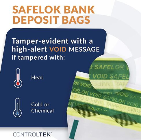ControlTek SafeLOK مقاس 9 × 12 بوصة، أبيض مع جيب، 100 كيس، أكياس إيداع واضحة للتعامل مع النقود والأشياء الثمينة، حبر حساس للرطوبة والحرارة والبارد، إيصال تمزيق + رموز شريطية كبيرة 585090 in Kuwait
