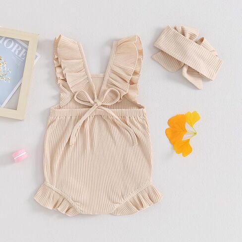 Infant Baby Girl Summer Clothes Flying Sleeve Solid Color Ruffle Romper with Headband Bodysuit Outfits in Saudi Arabia