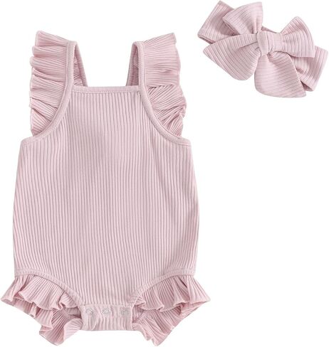Infant Baby Girl Summer Clothes Flying Sleeve Solid Color Ruffle Romper with Headband Bodysuit Outfits in Saudi Arabia