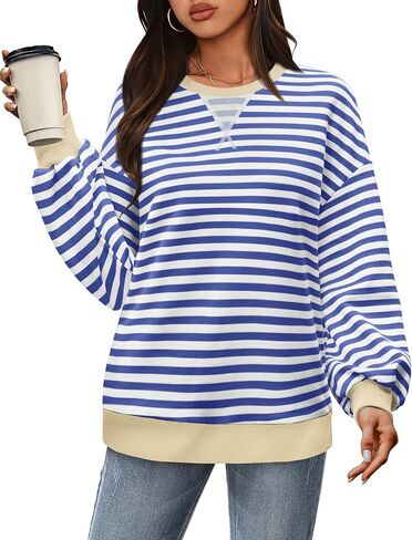 XIEERDUO Womens Crewneck Oversized Sweatshirt Striped Color Block Tops Long Sleeve Shirts Pullover Sweaters Y2K Clothes in Saudi Arabia