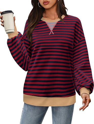 XIEERDUO Womens Crewneck Oversized Sweatshirt Striped Color Block Tops Long Sleeve Shirts Pullover Sweaters Y2K Clothes in Saudi Arabia