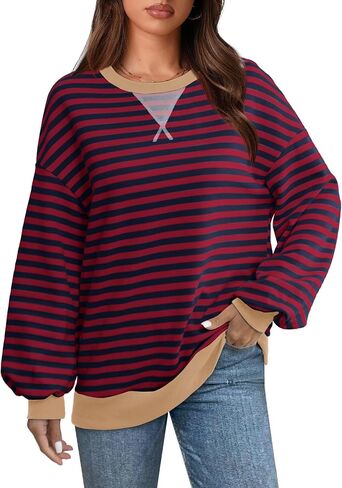 XIEERDUO Womens Crewneck Oversized Sweatshirt Striped Color Block Tops Long Sleeve Shirts Pullover Sweaters Y2K Clothes in Saudi Arabia