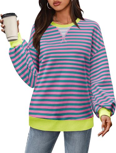 XIEERDUO Womens Crewneck Oversized Sweatshirt Striped Color Block Tops Long Sleeve Shirts Pullover Sweaters Y2K Clothes in Kuwait