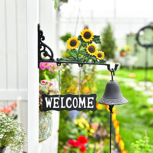 Sungmor Cast Iron Dinner Bell, Outside Farmhouse Door Bell, Wall Hanging Welcome Bell Sign, Antique Pretty Sunflower Decorative Manually Shaking Doorbell, Indoor Outdoor Wall Mounted Dinner Bell in Saudi Arabia
